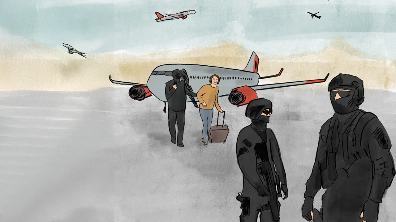 A plane on the tarmac with armed guards arresting a passenger and escorting him away from the plane