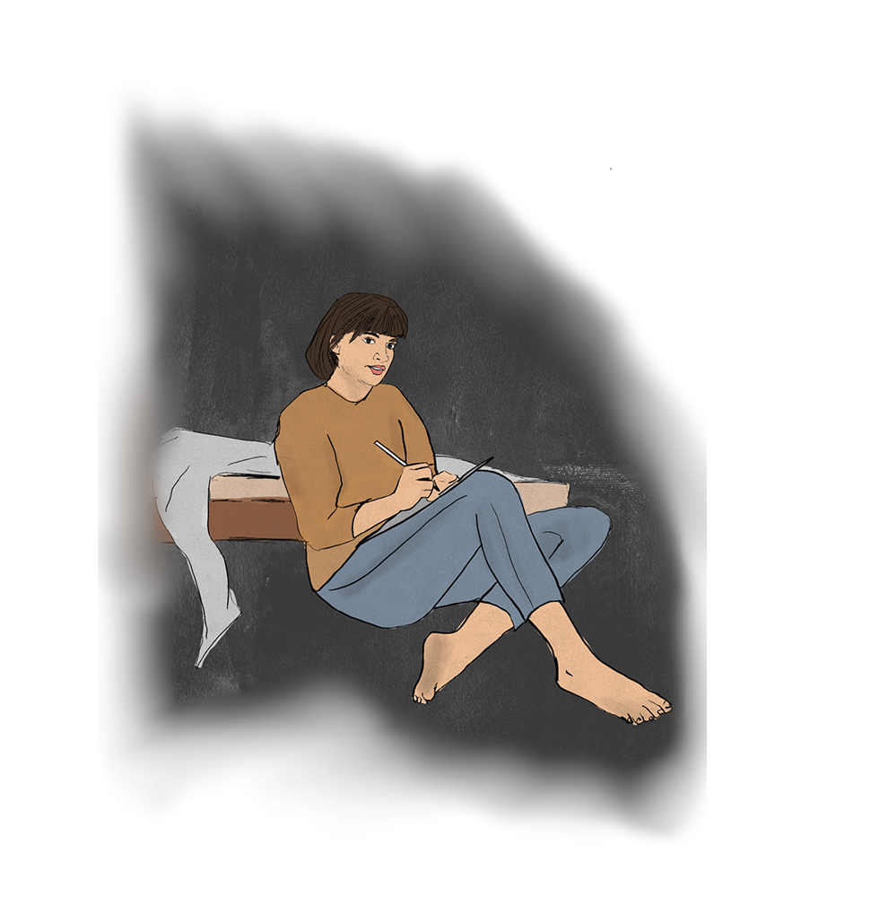 A female journalist in a detention cell, sitting on the floor and writing in a notebook